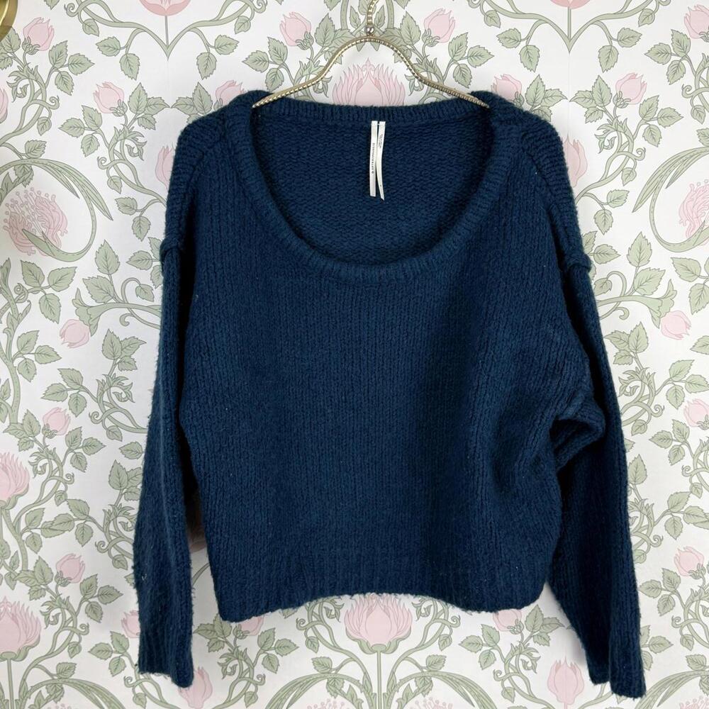 Anthropologie Scoopneck Wool Blend Cropped Navy Blue Knit Sweater - Size - Small - Picture 7 of 7